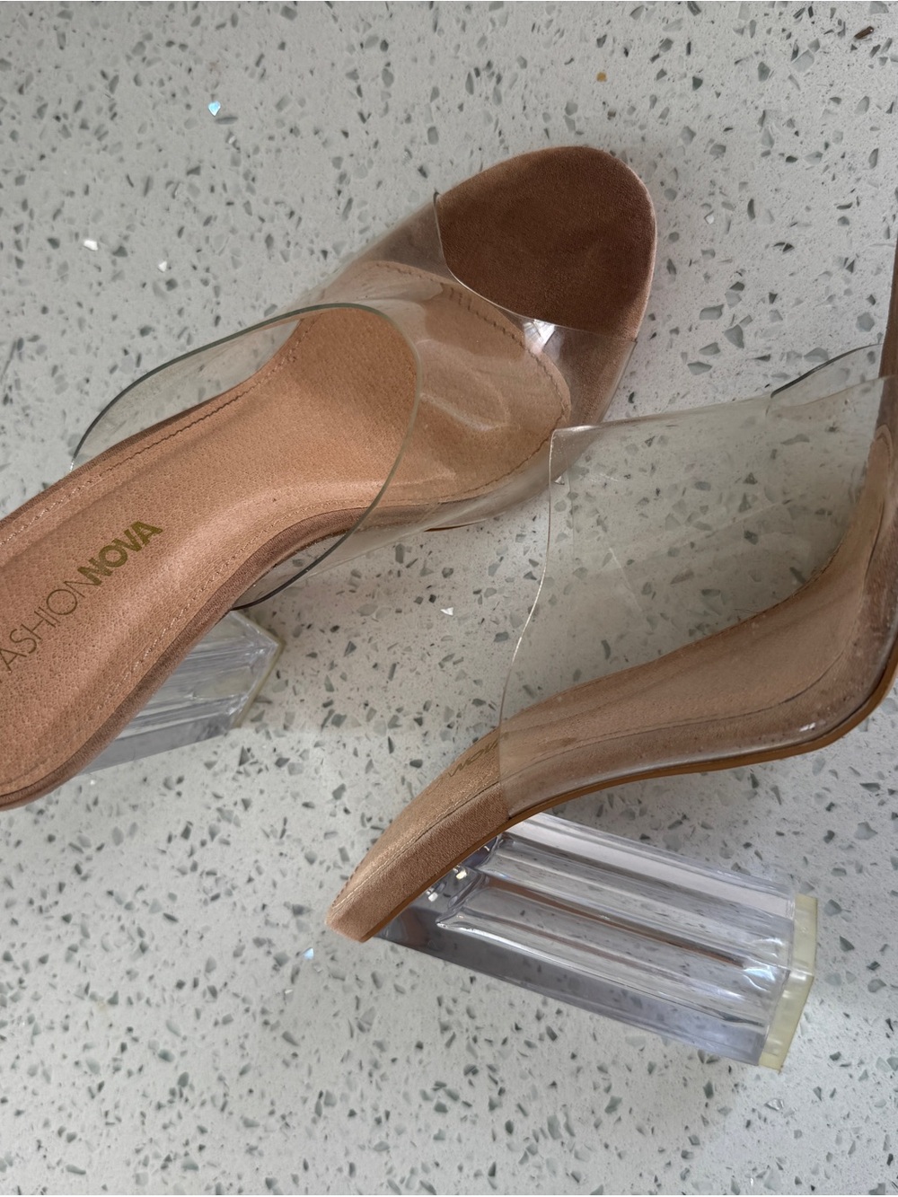 Fashion Nova Clear Strap Tan Block Heel Sandals